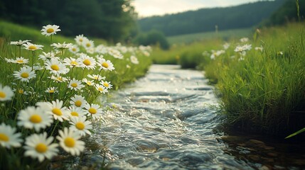 A bright stream running through a field of daisies texture background