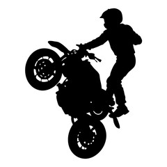 Fototapeta premium Silhouette Of A Motorcycle Stunt Rider Performing A Wheelie On White Background