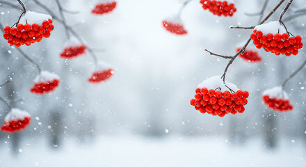 Snow Covered Red Rowan Berries on Branches in Winter Wonderland