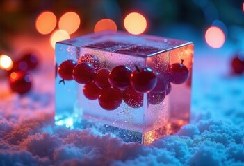 Red berries encased in clear ice cube on snow with vibrant bokeh lighting