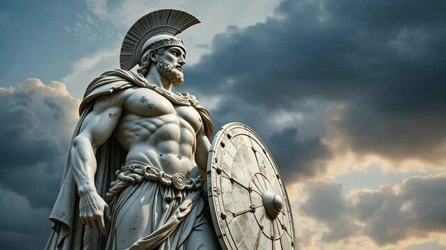 Statue warrior greek sculpture spartan ancient shield clouds art marble mythology hero god sky 4k video