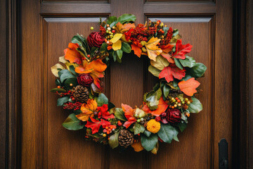 Wreath on door with autumn leaves & berries.