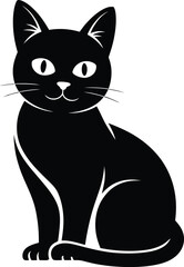 Black and White Minimalist Cat Illustration with Curled Tail and Bold Eyes