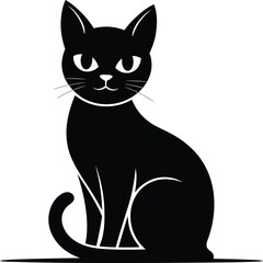 Black and White Minimalist Cat Illustration with Curled Tail and Bold Eyes