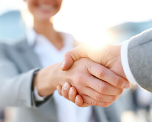 Confident businesswoman shaking hands after successful negotiation, showcasing professionalism and collaboration in bright setting