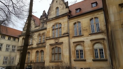 Obraz premium Historic building facade, city courtyard, overcast day, travel brochure