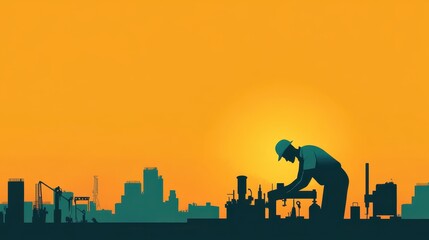 Minimalist illustration of a worker operating a rolling machine, clean silhouette style with muted tones and blank background