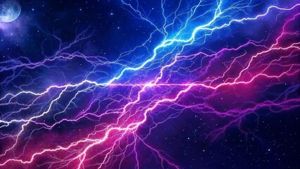 Obraz premium Blue and pink lightning in the night sky, electric storm energy flashing through dark clouds, surreal weather phenomenon illuminating atmosphere with vibrant electric colors