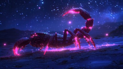 Fototapeta premium Glowing scorpion in desert, night sky. Fantasy art, game asset