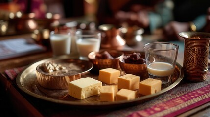 Fototapeta premium Cozy traditional Middle Eastern dessert spread on metal tray