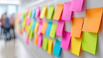 Colorful sticky notes on wall create vibrant atmosphere for collaboration and creativity in workspace