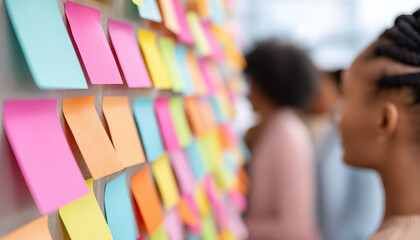 Colorful sticky notes on wall create vibrant brainstorming environment, inspiring creativity and collaboration among participants