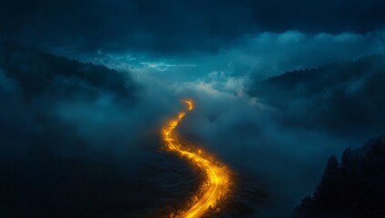 Fototapeta premium Winding road through misty mountain night. A luminous, golden path snakes through a valley shrouded in fog and clouds, under a dark, dramatic sky