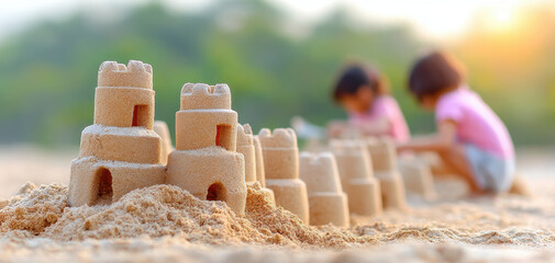 Joyful kids building sandcastles near tide line, creating memories on sunny beach. Their laughter fills air with happiness