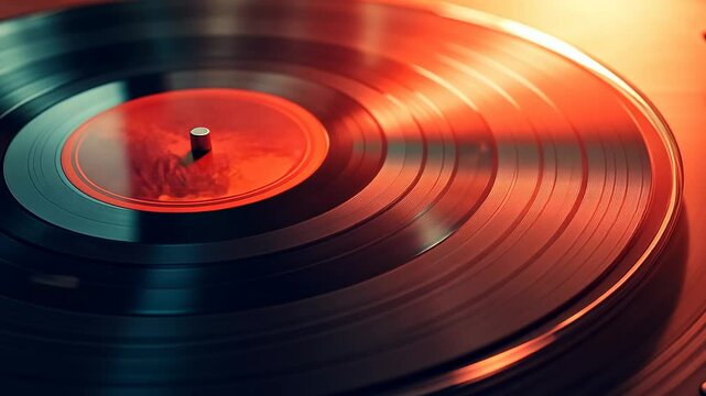 Spinning Vinyl Record, Close-up of a Rotating Record in Warm Lighting