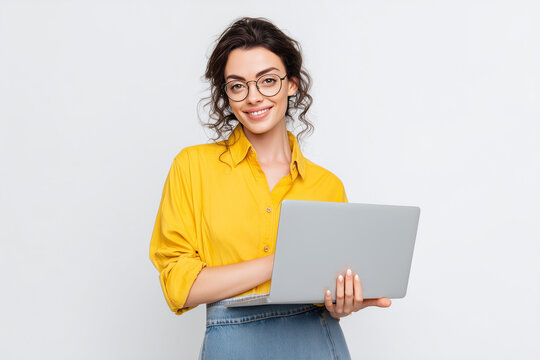 Happy Cheerful Young Successful Employee IT Business Woman Corporate Manager Student Freelancer Holding Using Laptop PC Computer Working Remotely Isolated on White Background