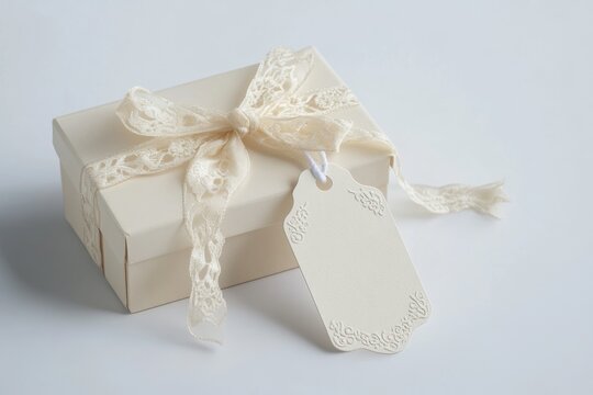 Elegant wedding gift box with lace ribbon and blank tag mockup   