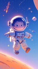 Naklejka premium Astronaut Child in Space with Planets and Stars