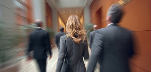 Professional team walking out of meeting room, showcasing dynamic atmosphere and collaboration. captures sense of purpose and teamwork