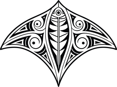 Tribal Manta Ray Tattoo Design &ndash; Polynesian Inspired Symmetrical Line Art with Oceanic Motifs, Cultural Patterns, and Intricate Blackwork Detailing
