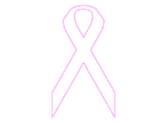 pink neon breast cancer ribbon symbol isolated on white background with copy space, lighting neon symbol