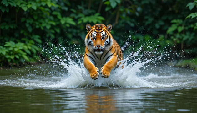A majestic tiger jumps in the water - Powered by Adobe