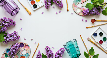 Artistic Spring Lilac Flowers Frame with Paint Brushes Watercolors and Palettes