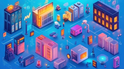Vibrant isometric battery energy station, futuristic storage units with digital interfaces, smooth shaded style on blue 
