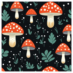 Hand-Drawn Colorful Mushrooms and Leaves Seamless Vector Pattern for Kids
