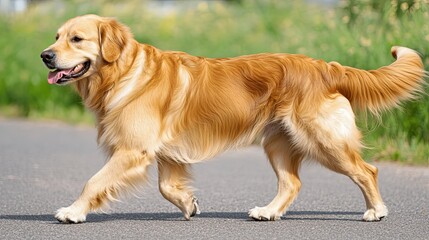 Golden retriever strolling on a path, bathed in warm evening light, embodying peaceful companionship with nature.