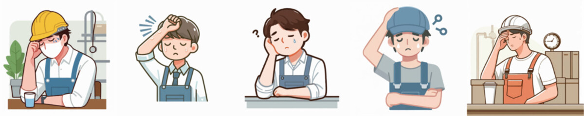 Set Vector of a tired factory worker, simple minimalist and flatdesign white background