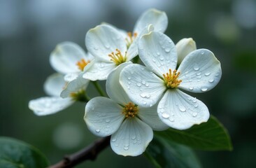 Close-up of rain-kissed white dogwood flowers in bloom against lush greenery