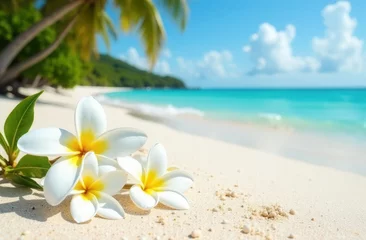 Selbstklebende Fototapeten Tropical beach with white plumeria flowers and turquoise ocean © Sergey