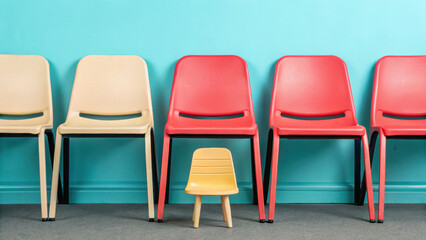 small yellow chair stands out among row of larger red and beige chairs against vibrant turquoise wall, creating playful and whimsical atmosphere