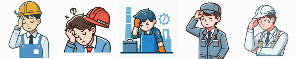 Set Vector of a tired factory worker, simple minimalist and flatdesign white background