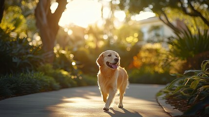 Golden retriever strolling on a path, bathed in warm evening light, embodying peaceful companionship with nature.