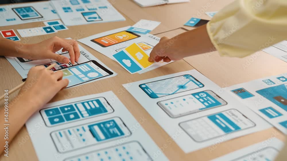 Poster panorama video of startup company employee planning on user interface prototype for mobile applicati