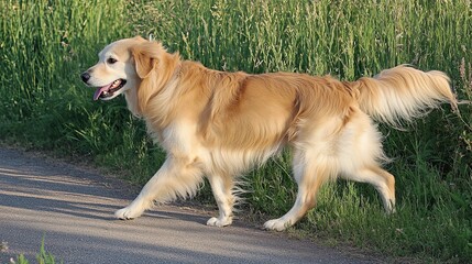 Golden retriever strolling on a path, bathed in warm evening light, embodying peaceful companionship with nature.