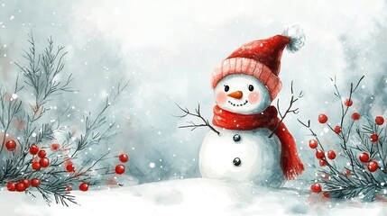 Fototapeta premium Festive Christmas Still Life: Red Gift Box, Snowman, and Tree