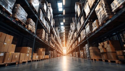 Fototapeta premium Exploring a Warehouse: Rows of Pallets, Boxes, and Efficient Storage Systems for Inventory Management and Logistics