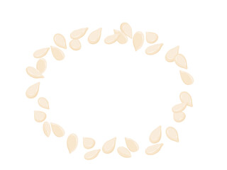 Top view of white sesame seeds forming a circular frame border as they scatter over the cut out background, flat vector.