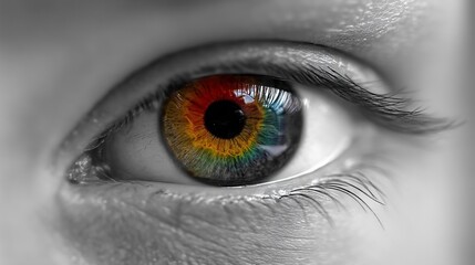 Close-up of a human eye, displaying a multicolored iris
