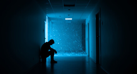 Solitary Figure in Blue Lit Corridor Feeling Despair and Loneliness