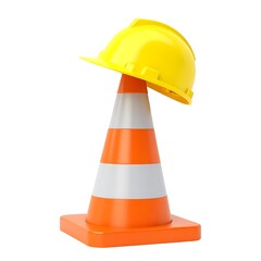 Yellow hard hat on orange cone safety construction 3D render white