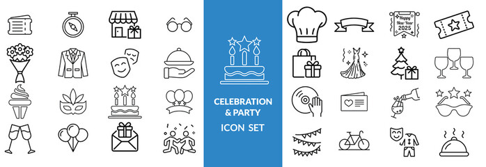 Wedding icon set. Celebration related icons: marriage, party, love, rings, wedding car, Church, ceremony, photo, dinner, bouquet, tuxedo, dress and more. Editable line icons. Vector illustration.