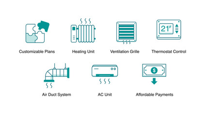 Smart Climate Solutions. Thermostat Control, Heating Unit, AC Unit, Air Duct System, Ventilation Grille, Customizable Plans, Affordable Payments