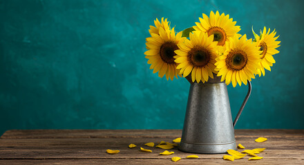 Vibrant Sunflowers in Rustic Metal Pitcher Teal Background Summer Still Life Photography