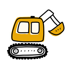 cute orange excavator bulldozer tractor construction site vehicle doodle hand drawn kids illustration icon design black orange outline drawing transportation