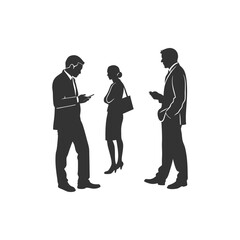 A black vector silhouette illustration depicts a group of business people, including men and a woman, standing as a team, with a child and couple also present in the crowd