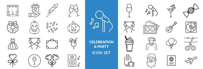 Wedding icon set. Celebration related icons: marriage, party, love, rings, wedding car, Church, ceremony, photo, dinner, bouquet, tuxedo, dress and more. Editable line icons. Vector illustration.